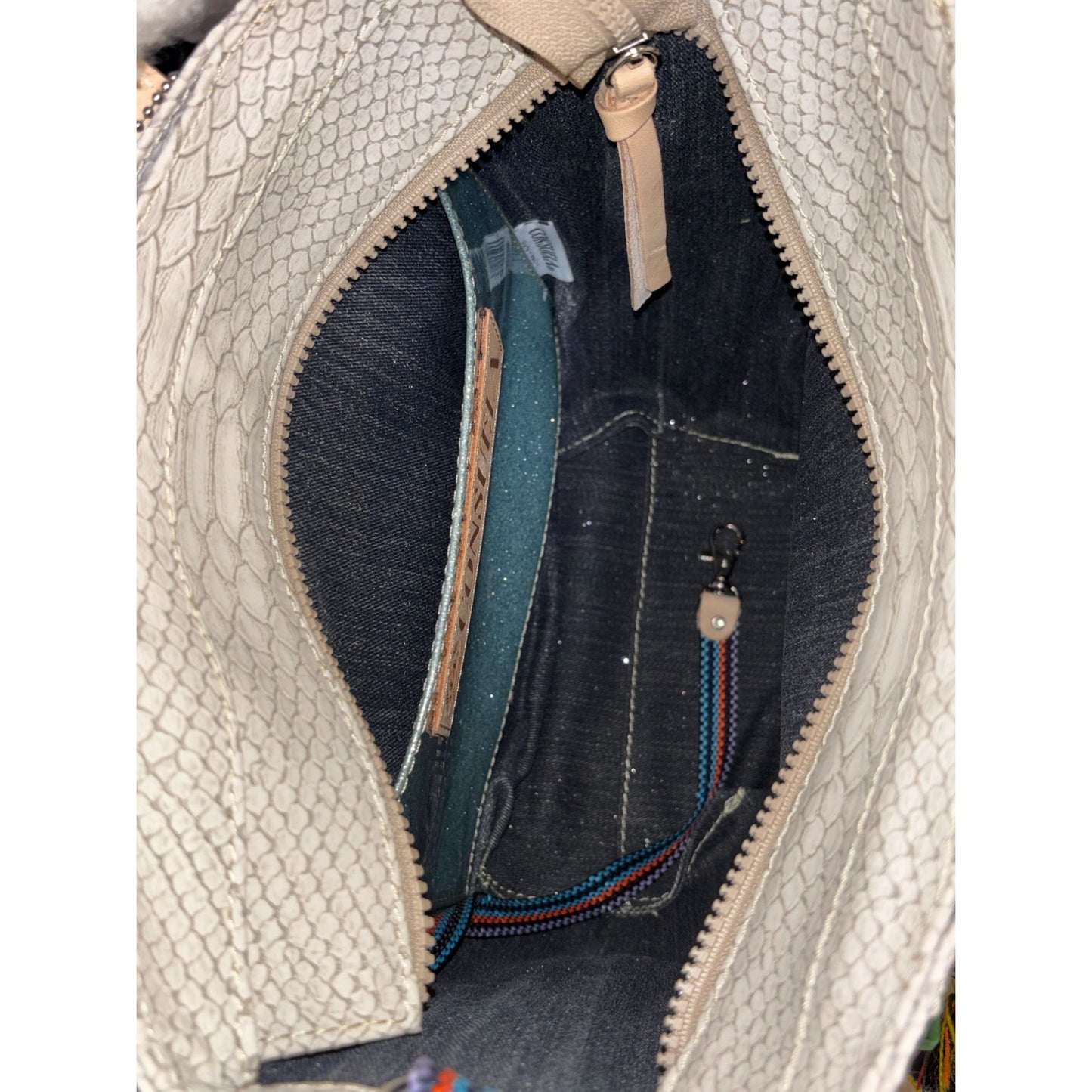 Consuela Leather Tote Bag Cream With Snake Pattern & Multicolor Tassel Accents