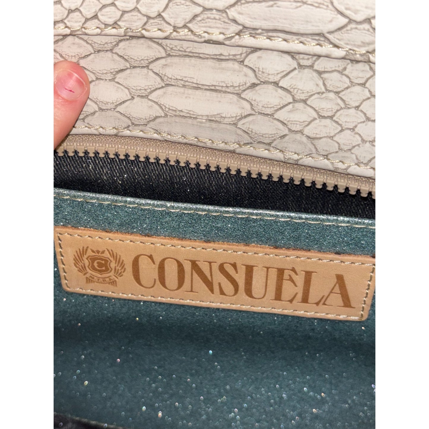 Consuela Leather Tote Bag Cream With Snake Pattern & Multicolor Tassel Accents