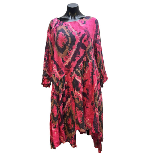 Made In Italy Linen Bohemian Midi Dress Pink Purple Brown L