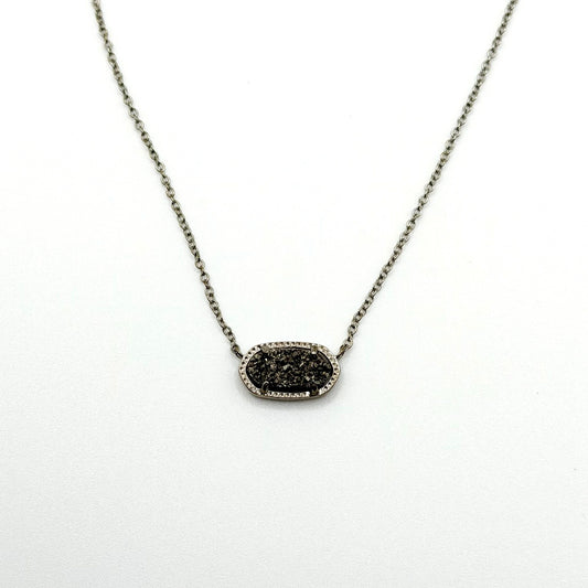 Kendra Scott Silver-Tone Oval Pendant Necklace With Black Drusy Stone