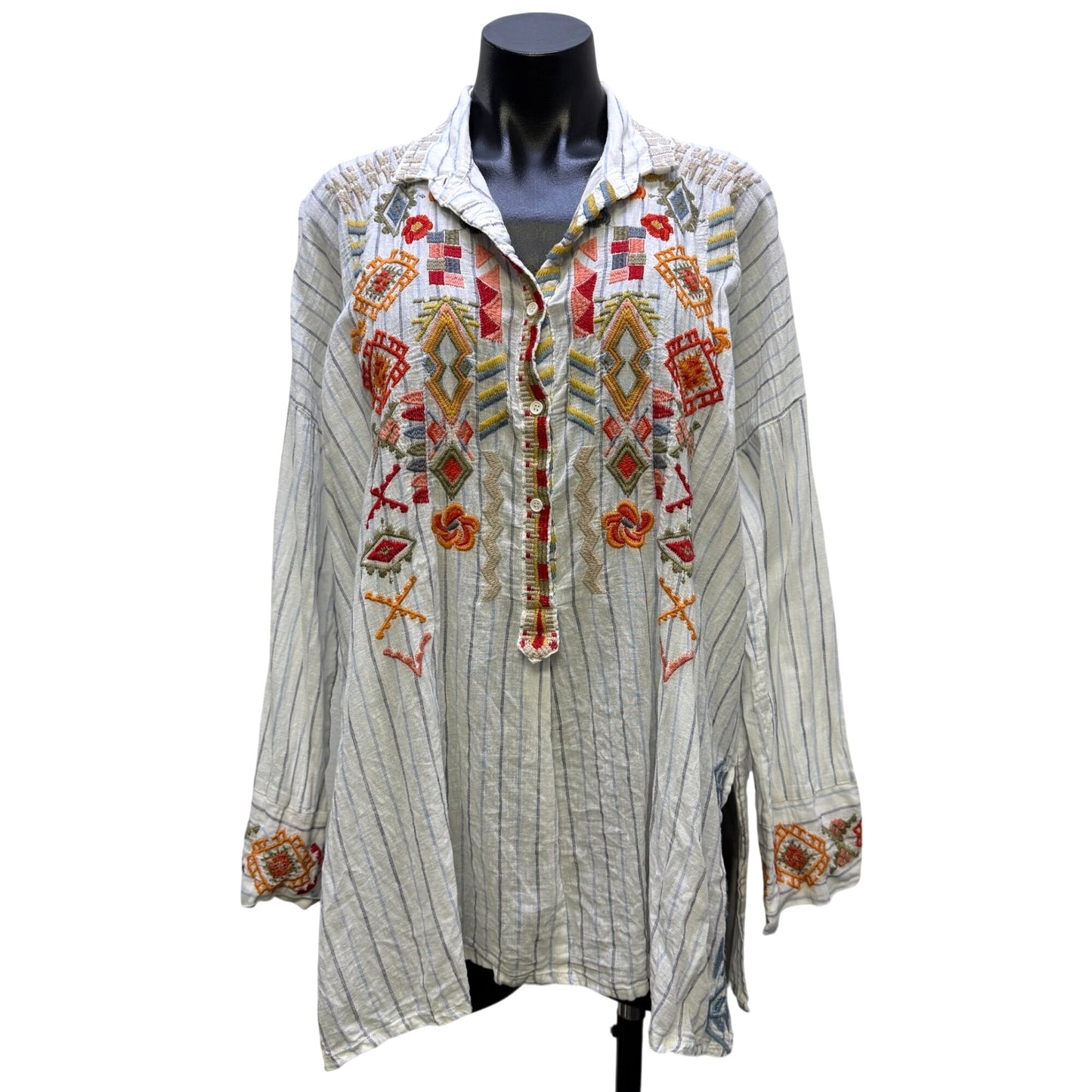 Johnny Was Pete & Greta Button-Up Blouse White Multi Linen-Cotton M