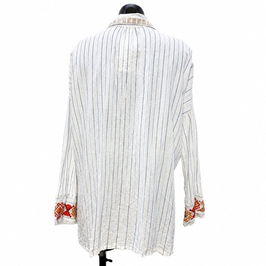Johnny Was Pete & Greta Button-Up Blouse White Multi Linen-Cotton M