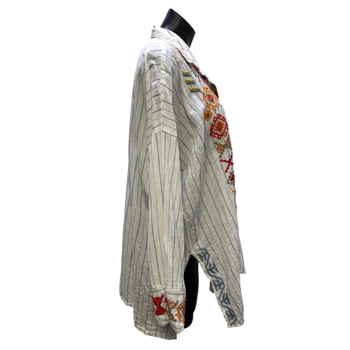 Johnny Was Pete & Greta Button-Up Blouse White Multi Linen-Cotton M