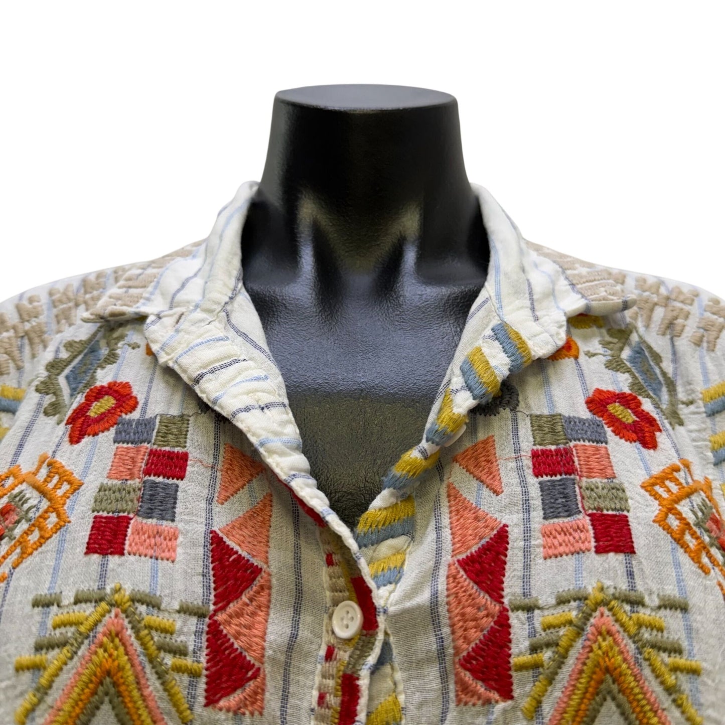 Johnny Was Pete & Greta Button-Up Blouse White Multi Linen-Cotton M
