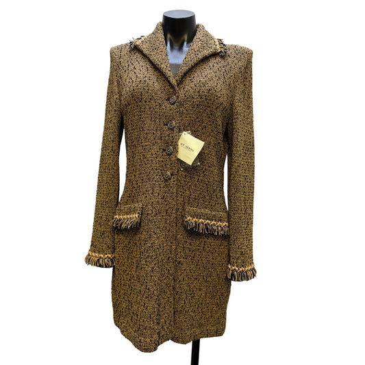 NWT St. John Collection Tweed Jacket Tan Black Fringe Trim Size 6