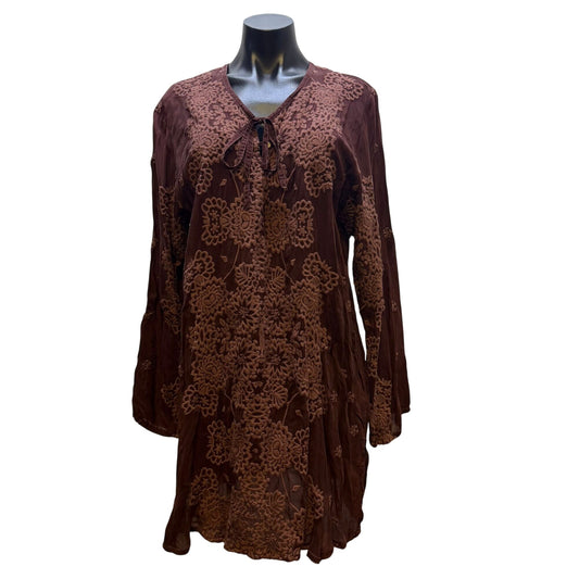 Johnny Was Brown Embroidered Silk Tunic Long Sleeve L