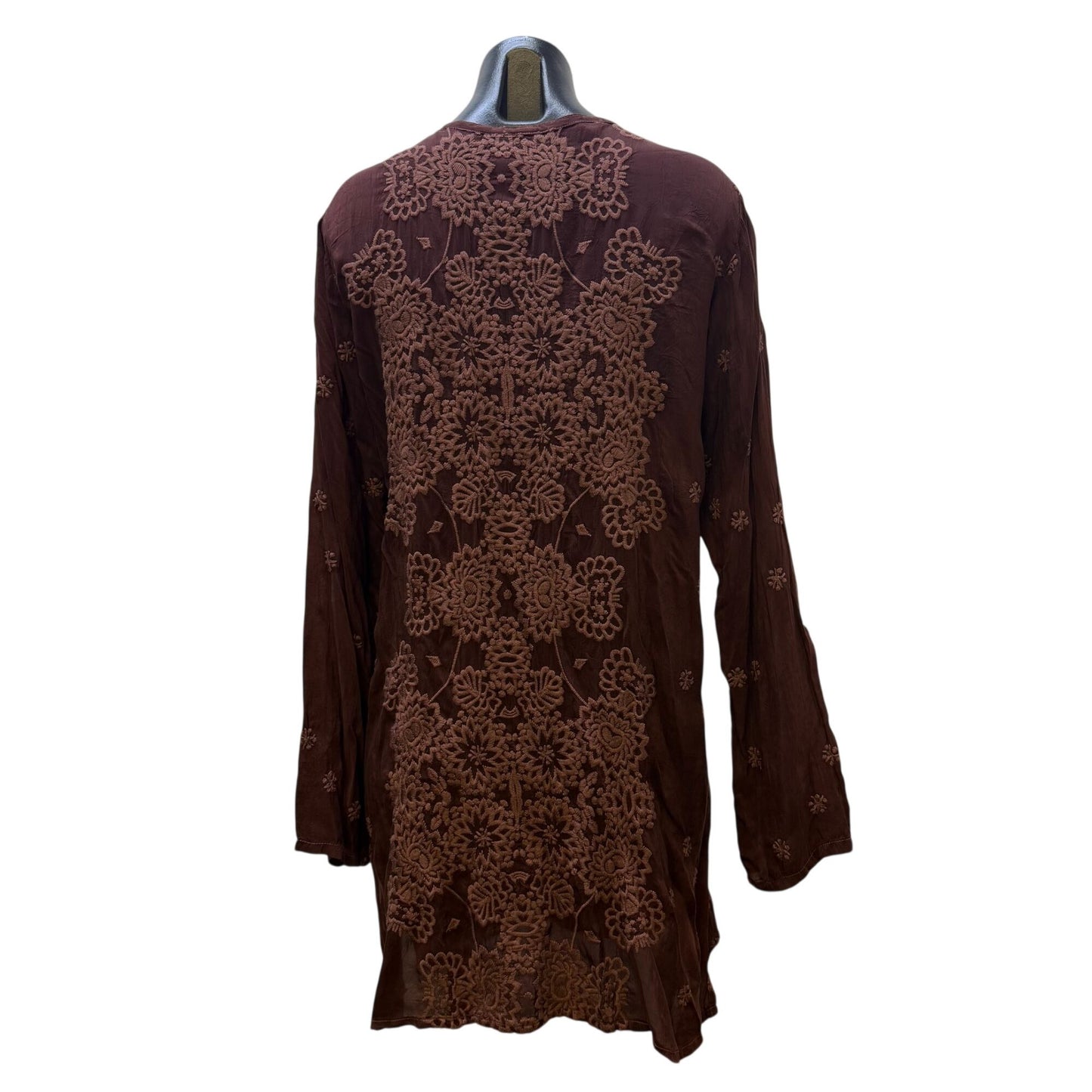 Johnny Was Brown Embroidered Silk Tunic Long Sleeve L