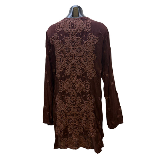 Johnny Was Brown Embroidered Silk Tunic Long Sleeve L