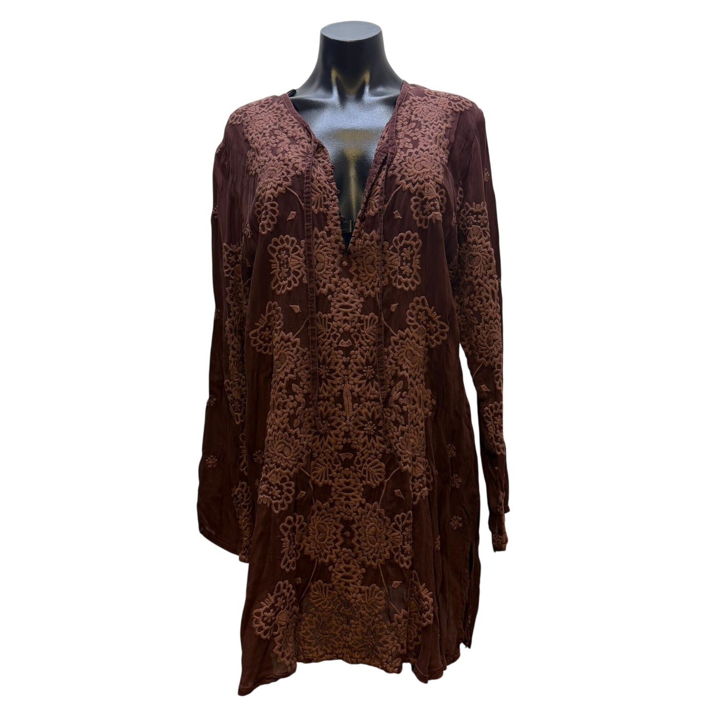 Johnny Was Brown Embroidered Silk Tunic Long Sleeve L