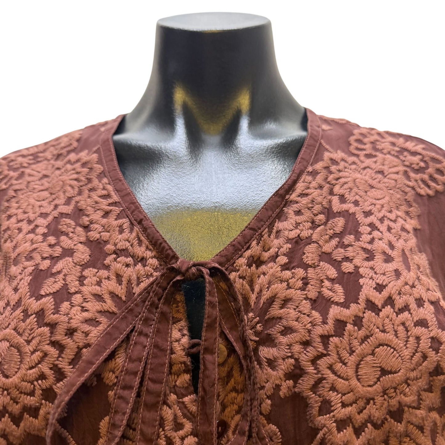 Johnny Was Brown Embroidered Silk Tunic Long Sleeve L