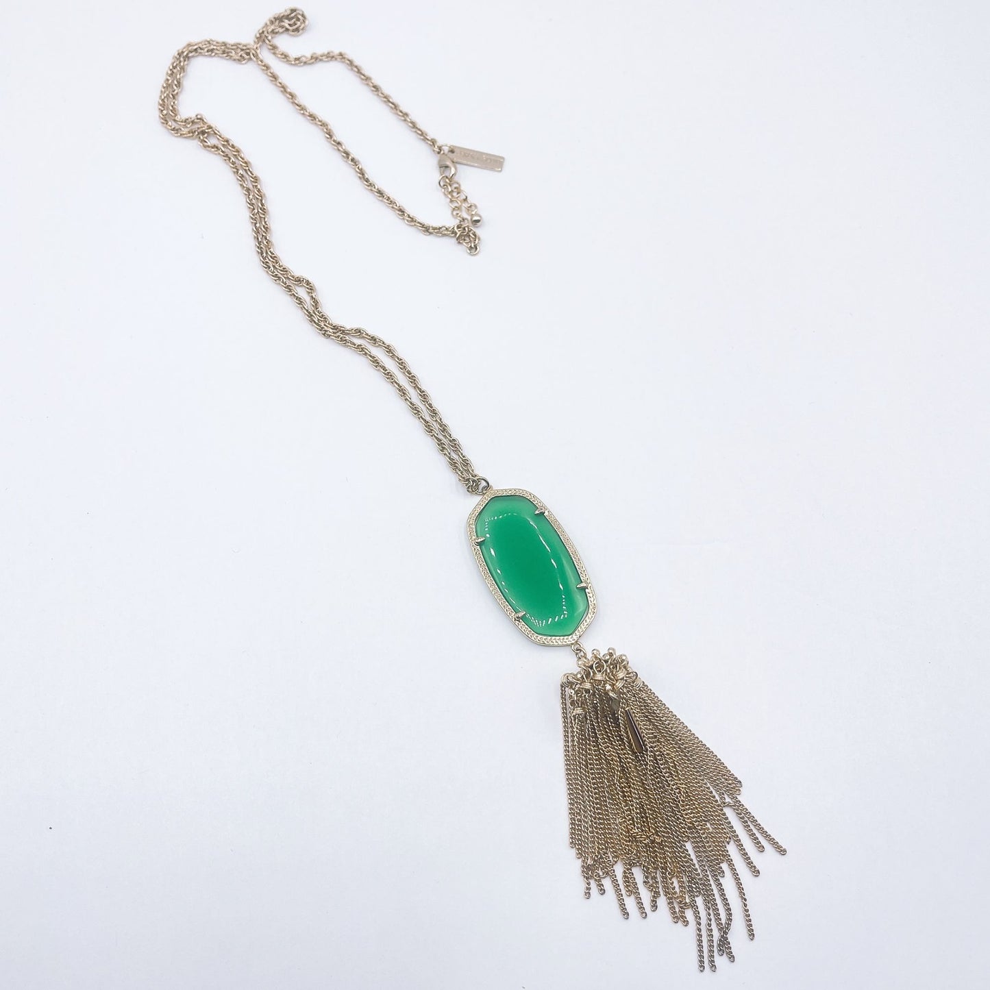 Kendra Scott Long Gold Chain Necklace With Green Oval Pendant & Tassel