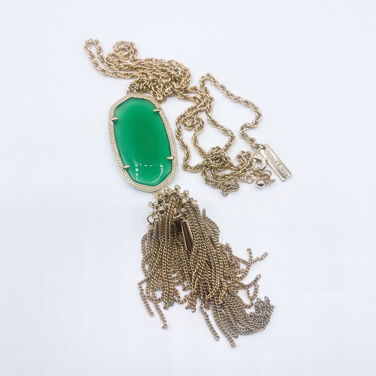 Kendra Scott Long Gold Chain Necklace With Green Oval Pendant & Tassel