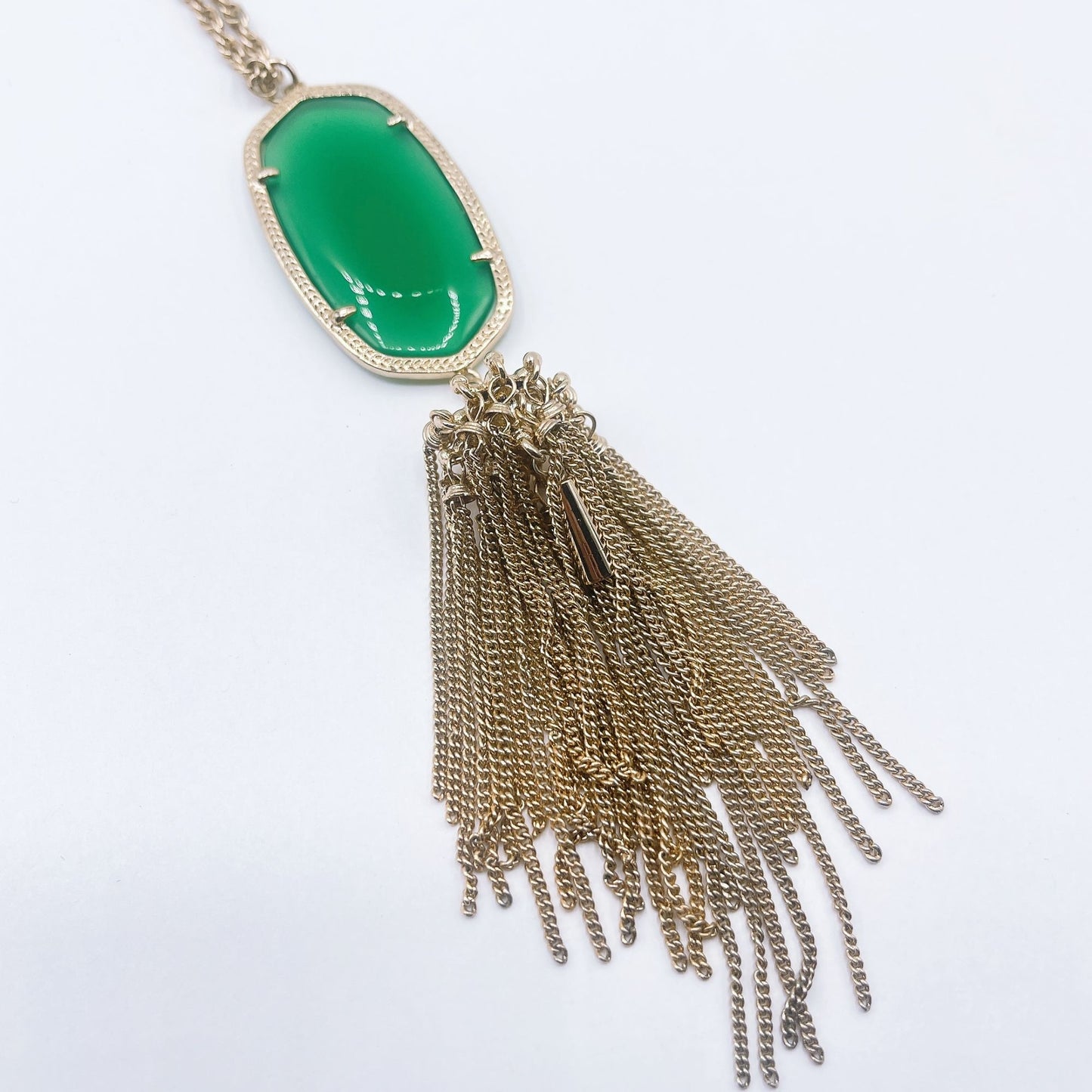 Kendra Scott Long Gold Chain Necklace With Green Oval Pendant & Tassel