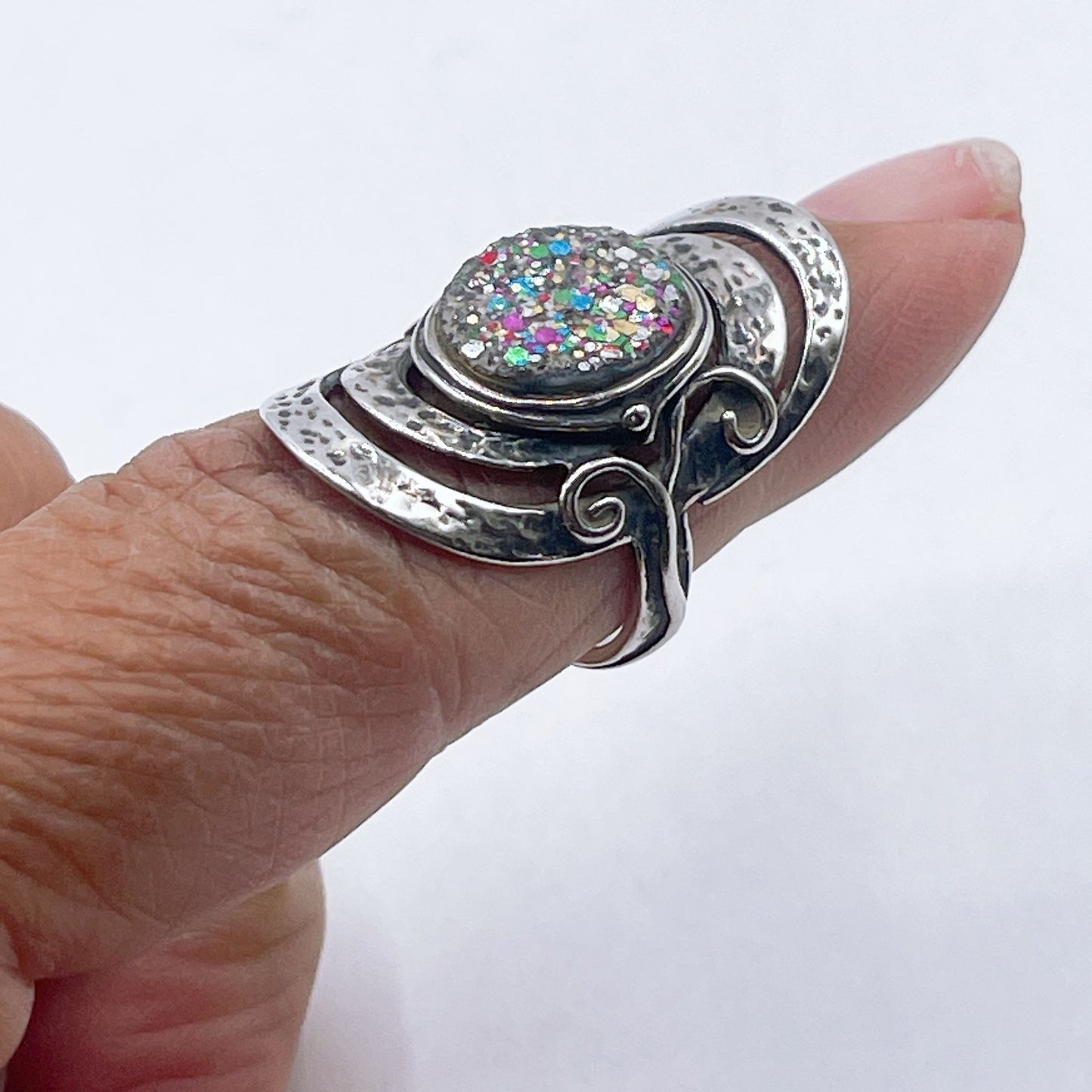 925 Handcrafted Sterling Silver & Glittery Resin Statement Ring By PZ Israel 6.5