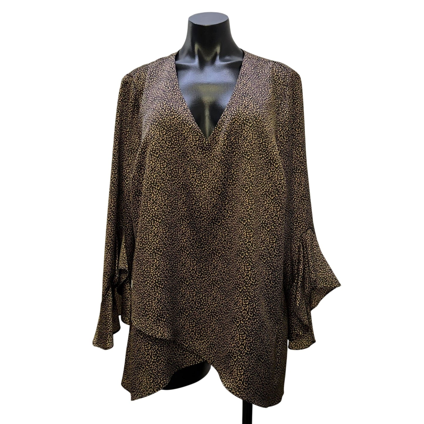Vince Camuto Black & Tan Leopard Print V-Neck Blouse 1X