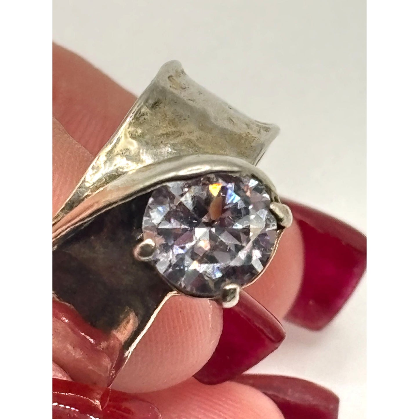 Noa Zuman Israel 925 Sterling Silver White Stone Hammered Ring Size 9