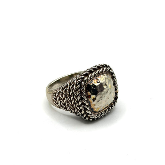 Sterling Silver 925 Woven Band Ring With Hammered Square Center Design 8