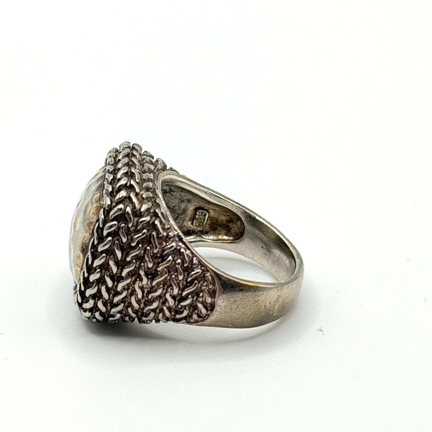 Sterling Silver 925 Woven Band Ring With Hammered Square Center Design 8