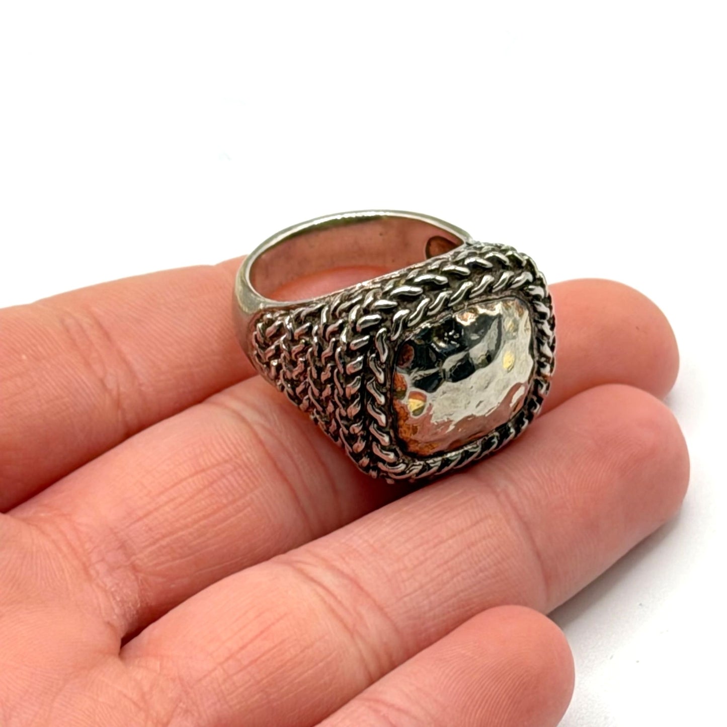 Sterling Silver 925 Woven Band Ring With Hammered Square Center Design 8