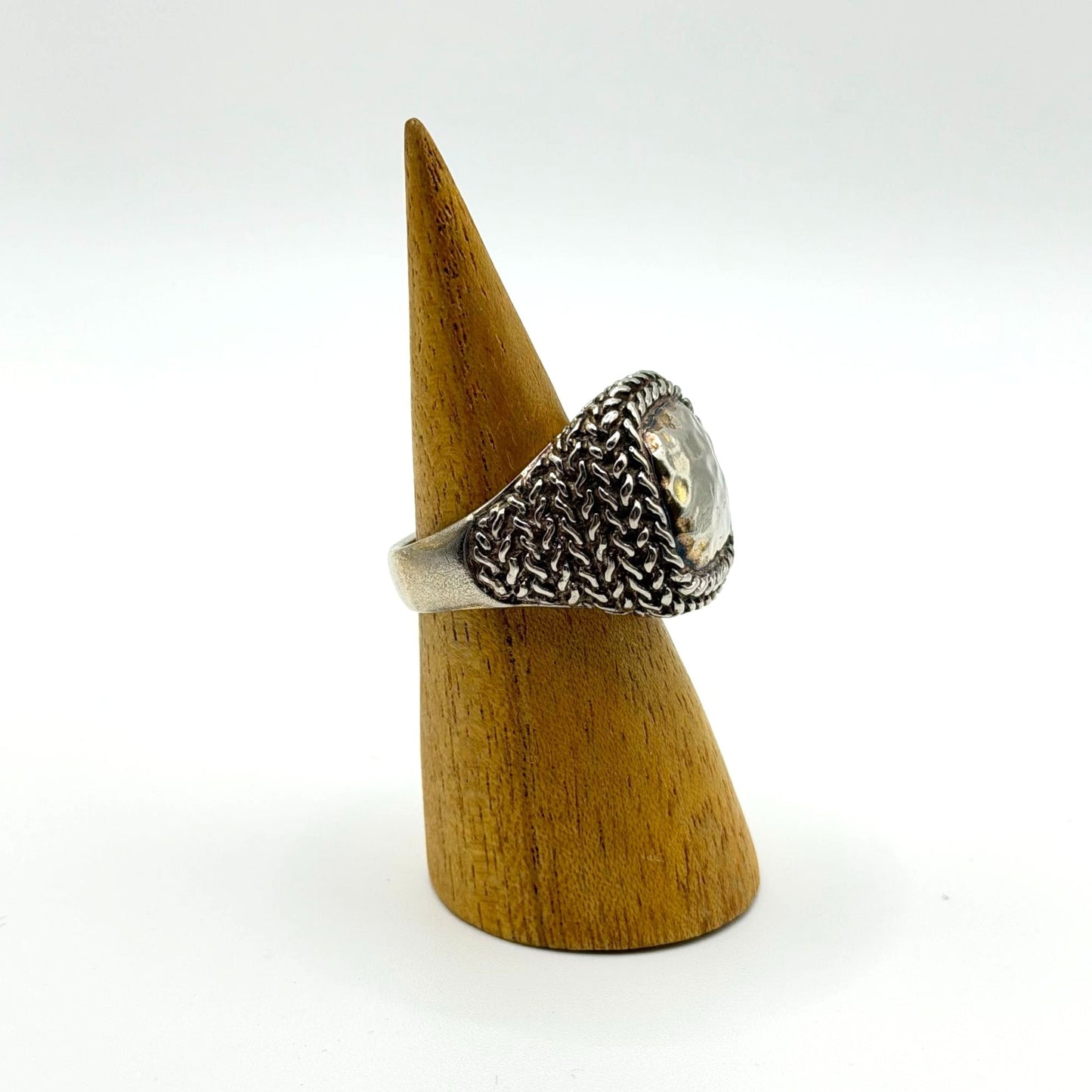 Sterling Silver 925 Woven Band Ring With Hammered Square Center Design 8