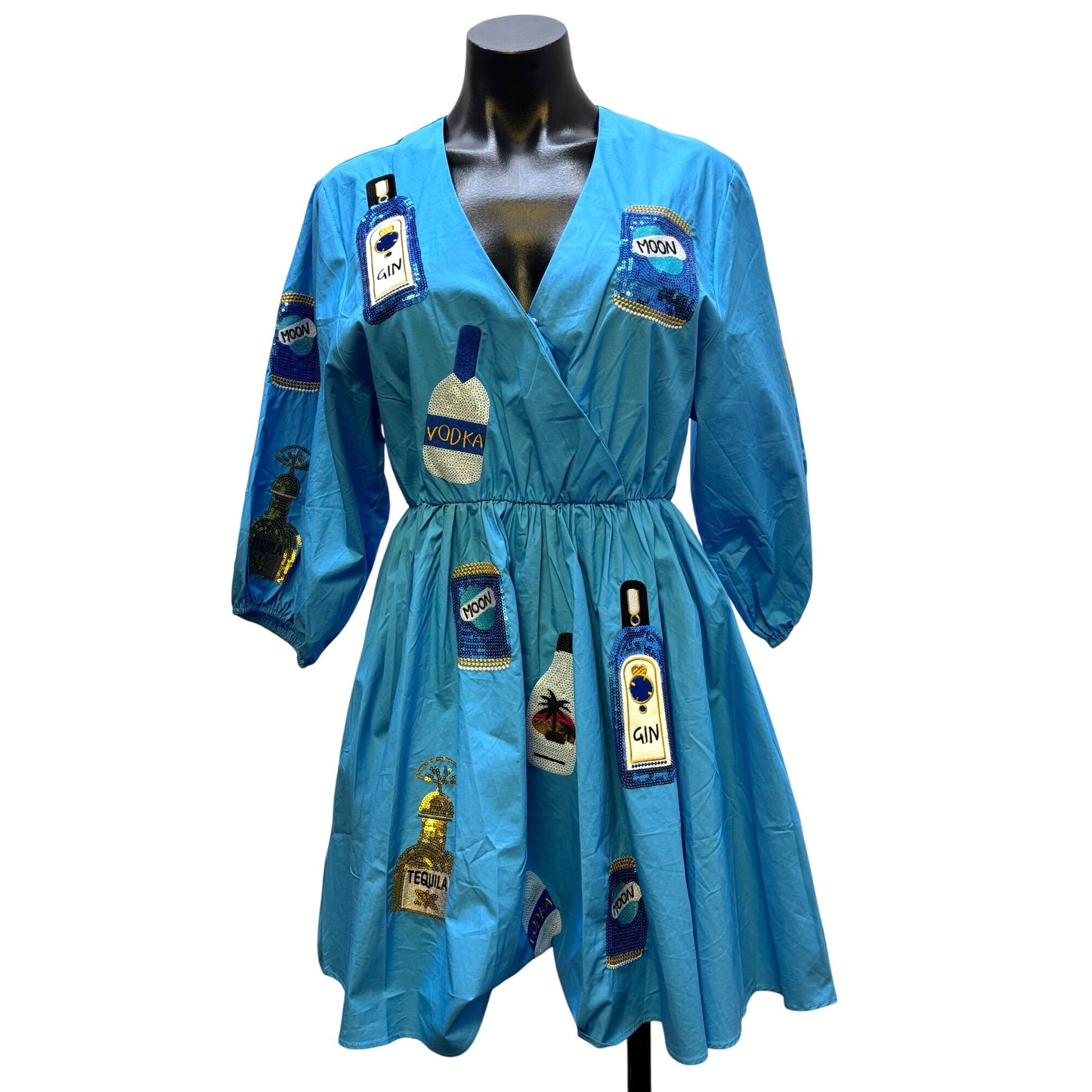 NWT Why Blue Sequin Patch Dress With Vodka & Gin Bottle Motifs S