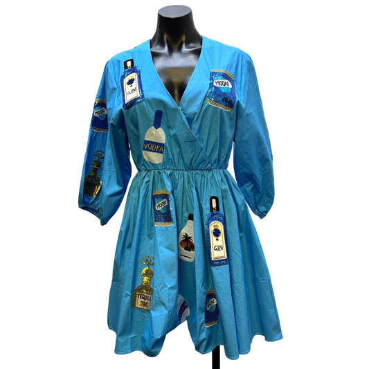 NWT Why Blue Sequin Patch Dress With Vodka & Gin Bottle Motifs S