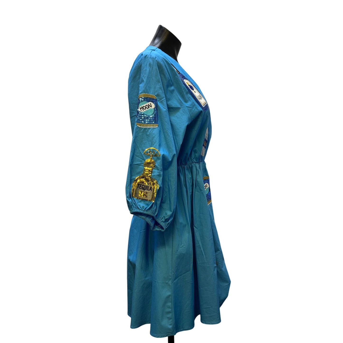 NWT Why Blue Sequin Patch Dress With Vodka & Gin Bottle Motifs S