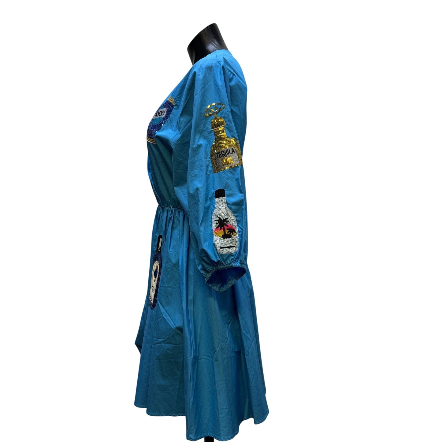 NWT Why Blue Sequin Patch Dress With Vodka & Gin Bottle Motifs S