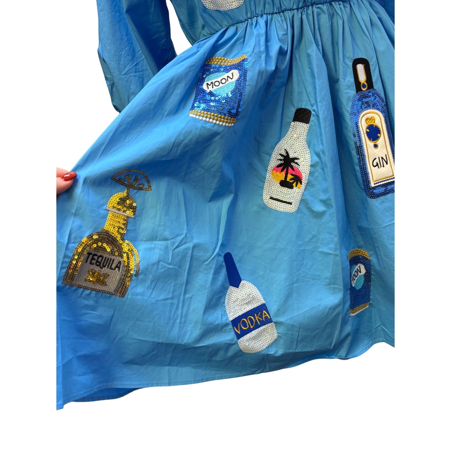 NWT Why Blue Sequin Patch Dress With Vodka & Gin Bottle Motifs S