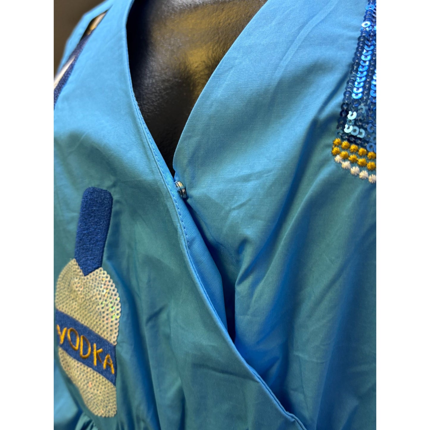 NWT Why Blue Sequin Patch Dress With Vodka & Gin Bottle Motifs S