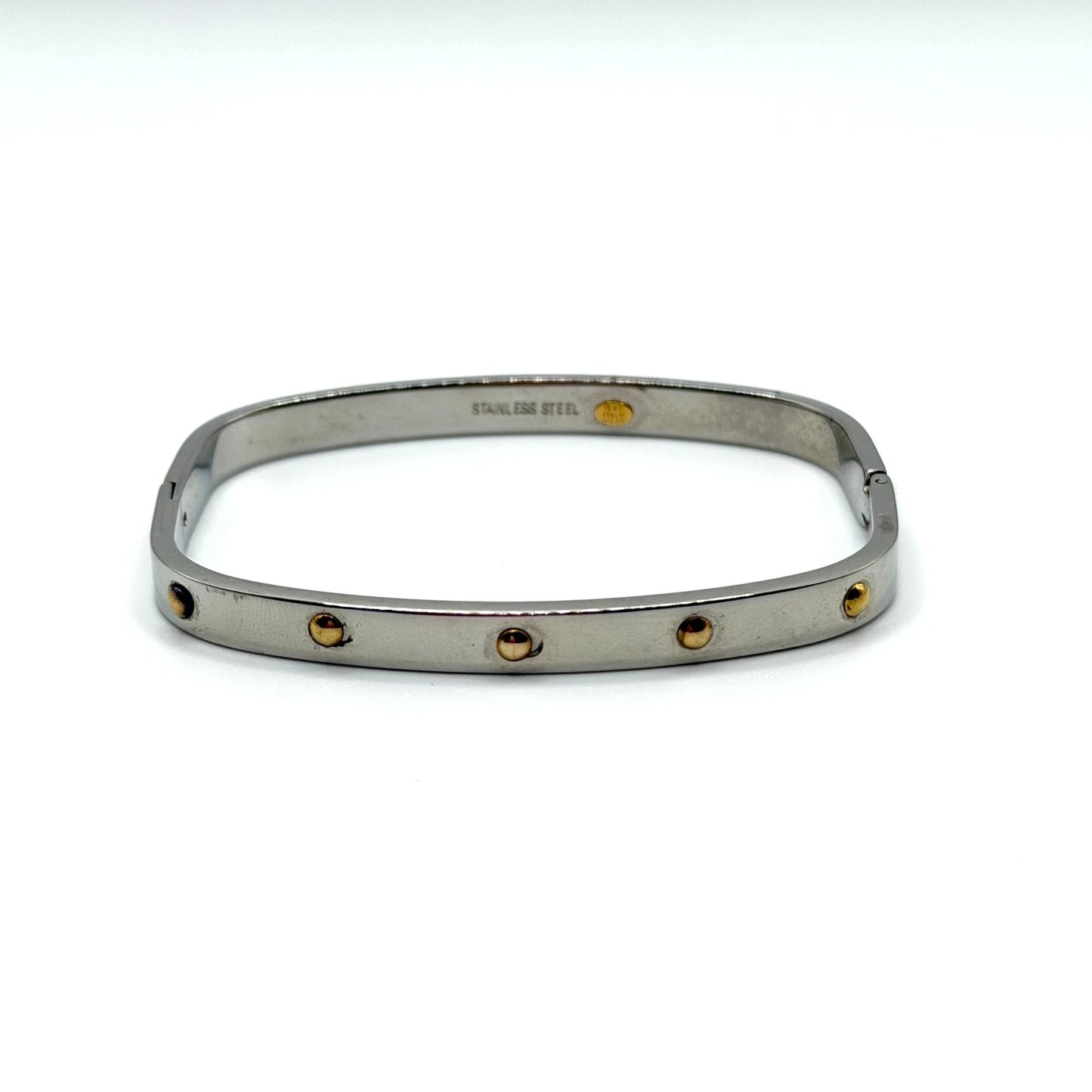 18K Yellow Gold & Stainless Steel Hinged Bangle Bracelet Gold Accents Square