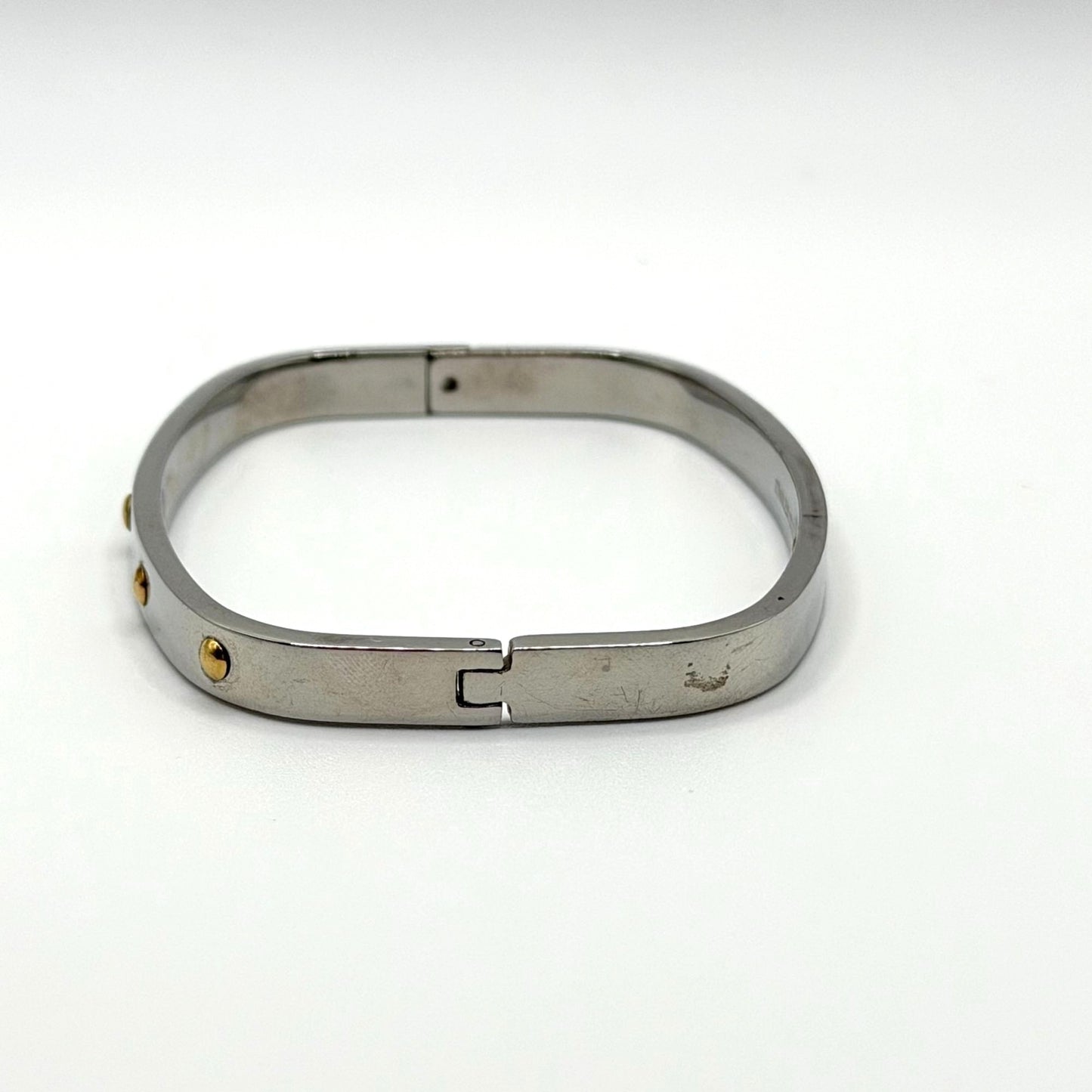 18K Yellow Gold & Stainless Steel Hinged Bangle Bracelet Gold Accents Square