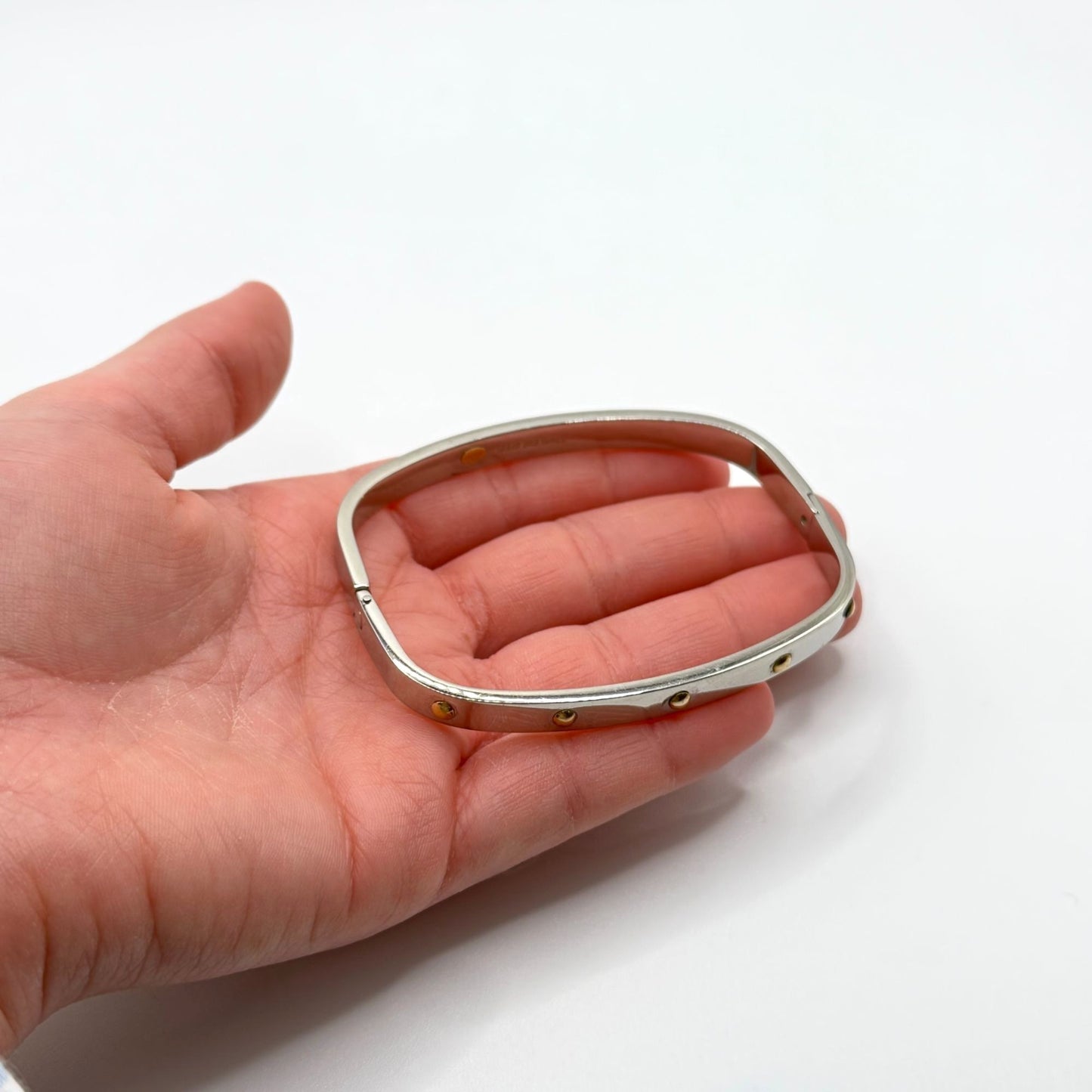 18K Yellow Gold & Stainless Steel Hinged Bangle Bracelet Gold Accents Square