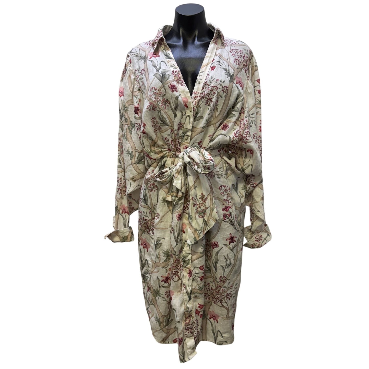 Johanna Ortiz For H&M Floral Print Linen Shirt Dress With Belt Tan & Pink L