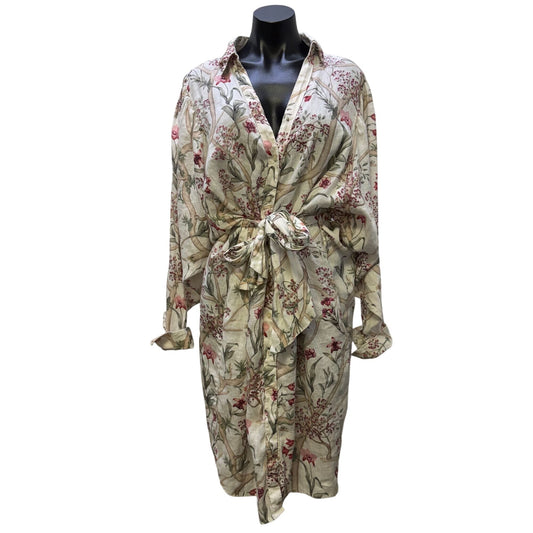 Johanna Ortiz For H&M Floral Print Linen Shirt Dress With Belt Tan & Pink L