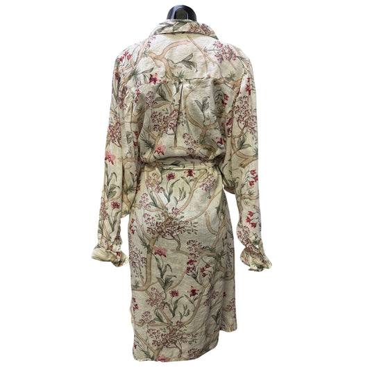 Johanna Ortiz For H&M Floral Print Linen Shirt Dress With Belt Tan & Pink L