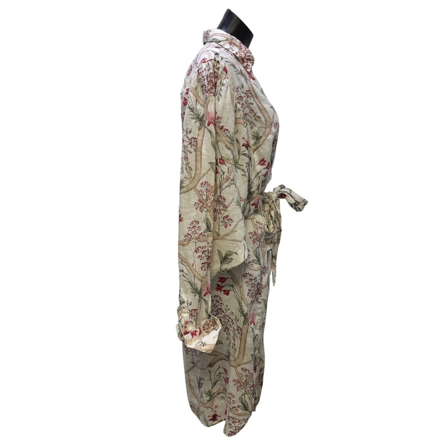 Johanna Ortiz For H&M Floral Print Linen Shirt Dress With Belt Tan & Pink L