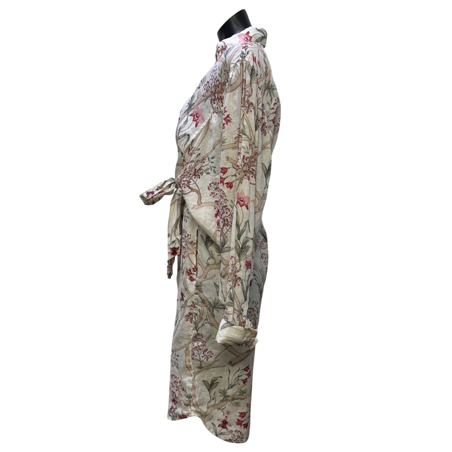 Johanna Ortiz For H&M Floral Print Linen Shirt Dress With Belt Tan & Pink L