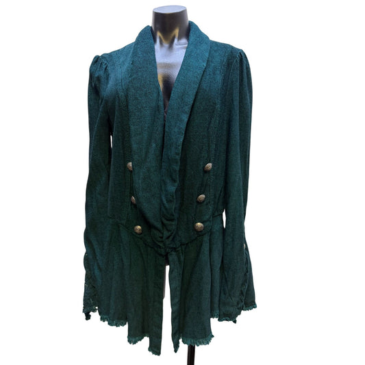 Free People Green Open Front Jacket With Button Embellishments & Flared Sleeves L