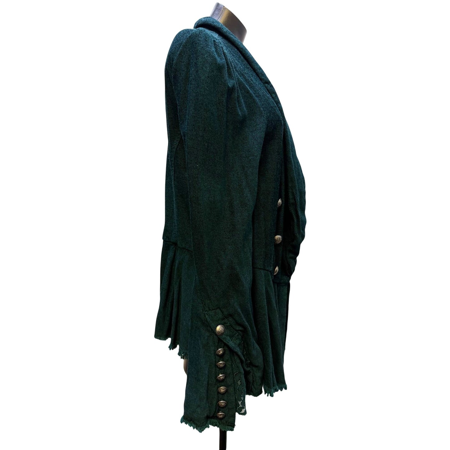 Free People Green Open Front Jacket With Button Embellishments & Flared Sleeves L