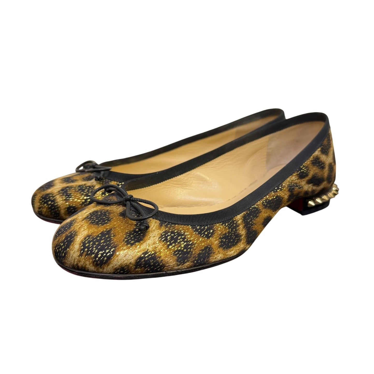 Christian Louboutin La Massine Leopard Print Ballet Flats With Gold Studded Heels 7/37.5