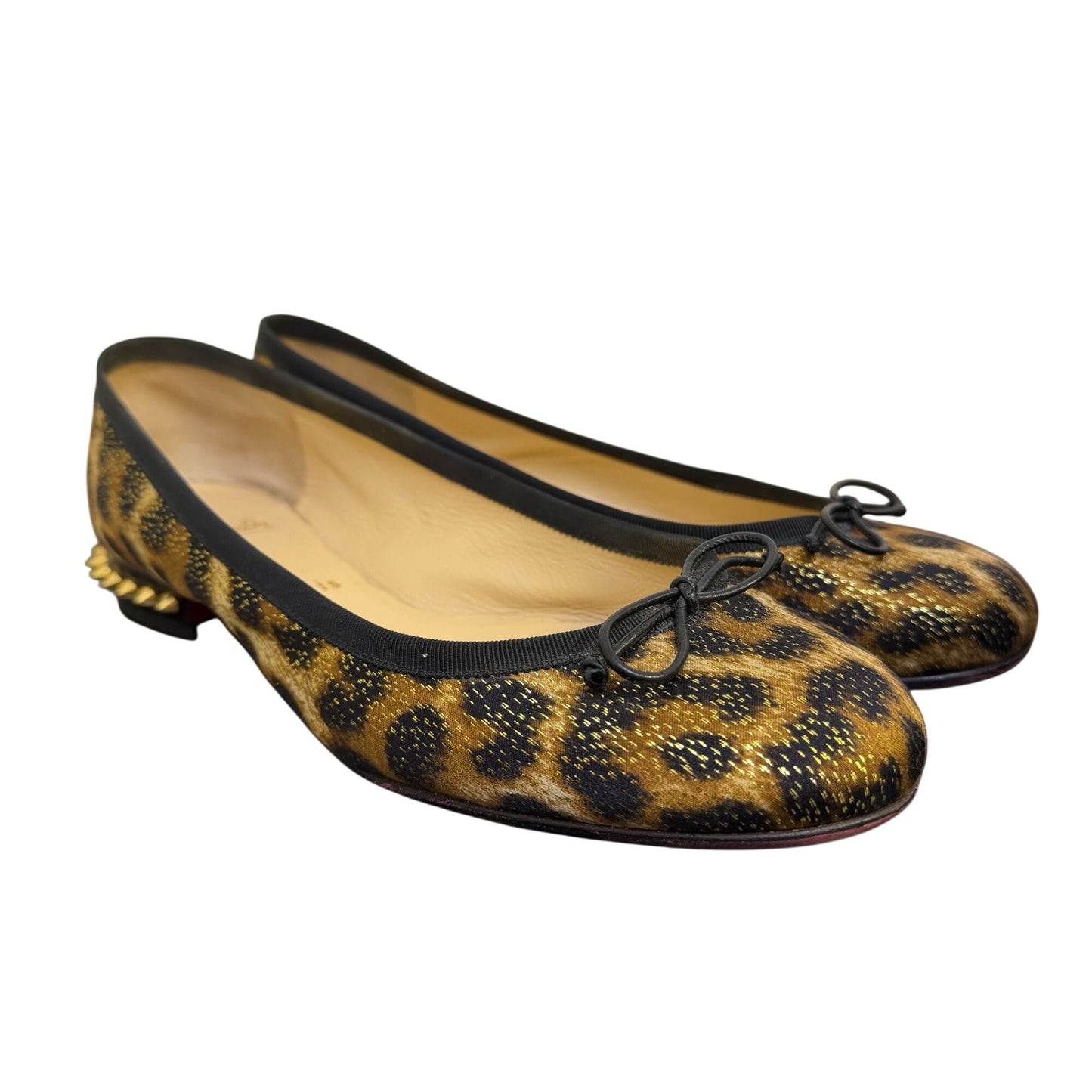 Christian Louboutin La Massine Leopard Print Ballet Flats With Gold Studded Heels 7/37.5