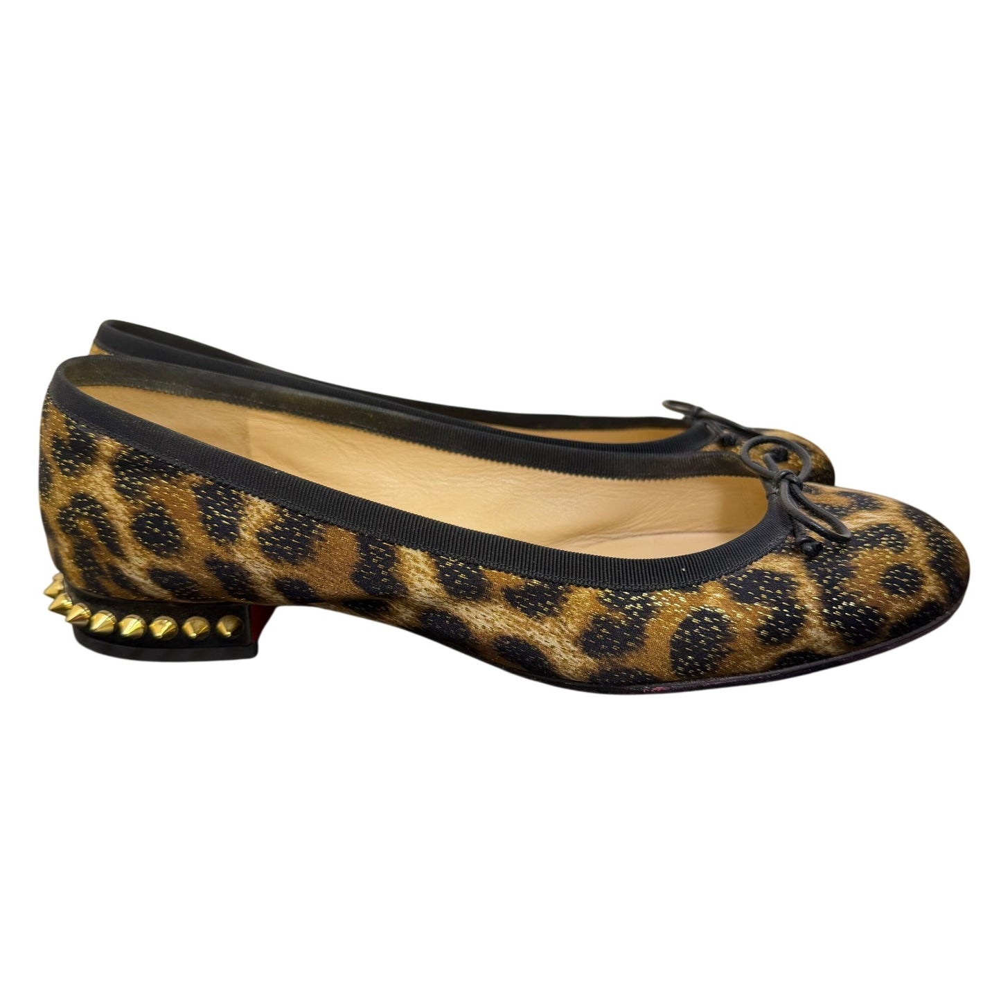 Christian Louboutin La Massine Leopard Print Ballet Flats With Gold Studded Heels 7/37.5