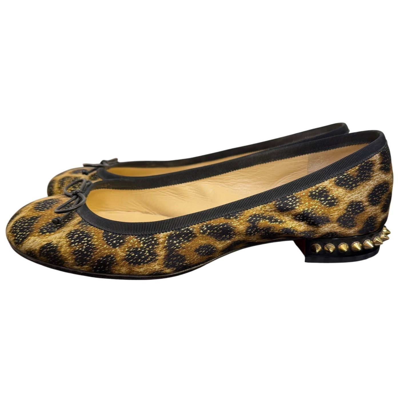 Christian Louboutin La Massine Leopard Print Ballet Flats With Gold Studded Heels 7/37.5