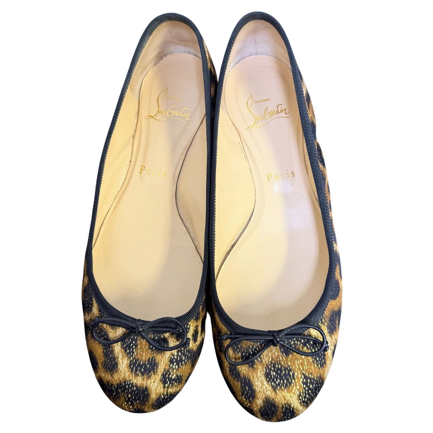 Christian Louboutin La Massine Leopard Print Ballet Flats With Gold Studded Heels 7/37.5