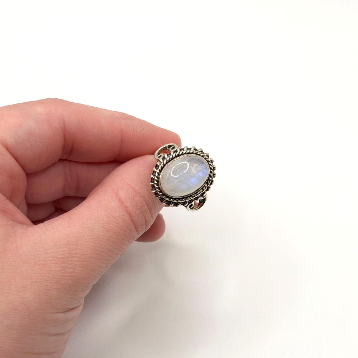 Moonstone 925 Sterling Silver Oval Ring Vintage-Inspired Size 9.5