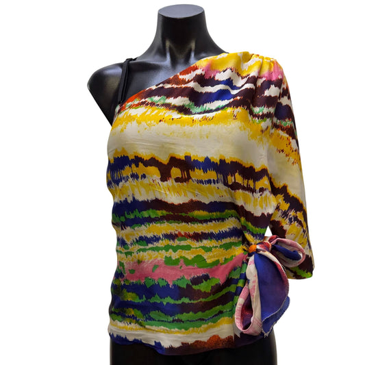 Halston Heritage One-Shoulder Blouse Multicolor With Tie Accent 2
