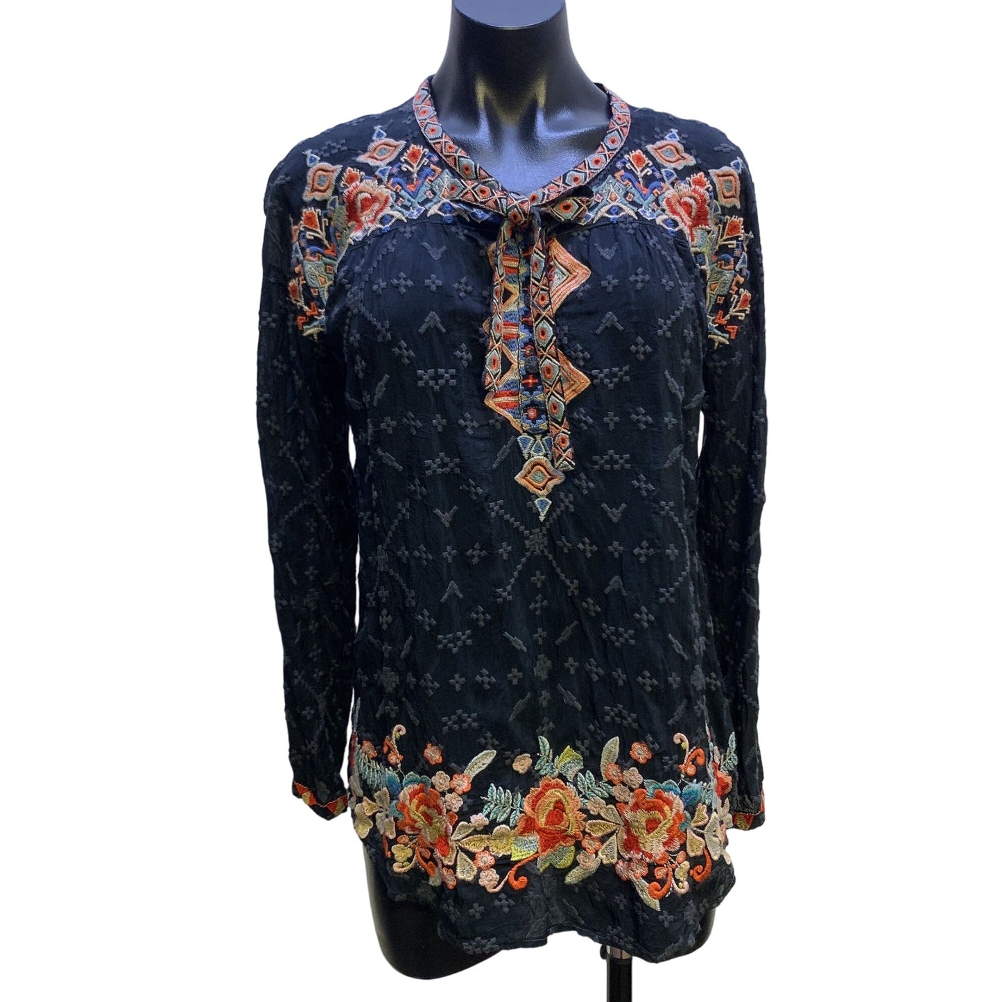 Johnny Was Black w/Multicolored Embroidery Tie Neck Tunic Blouse Size XS