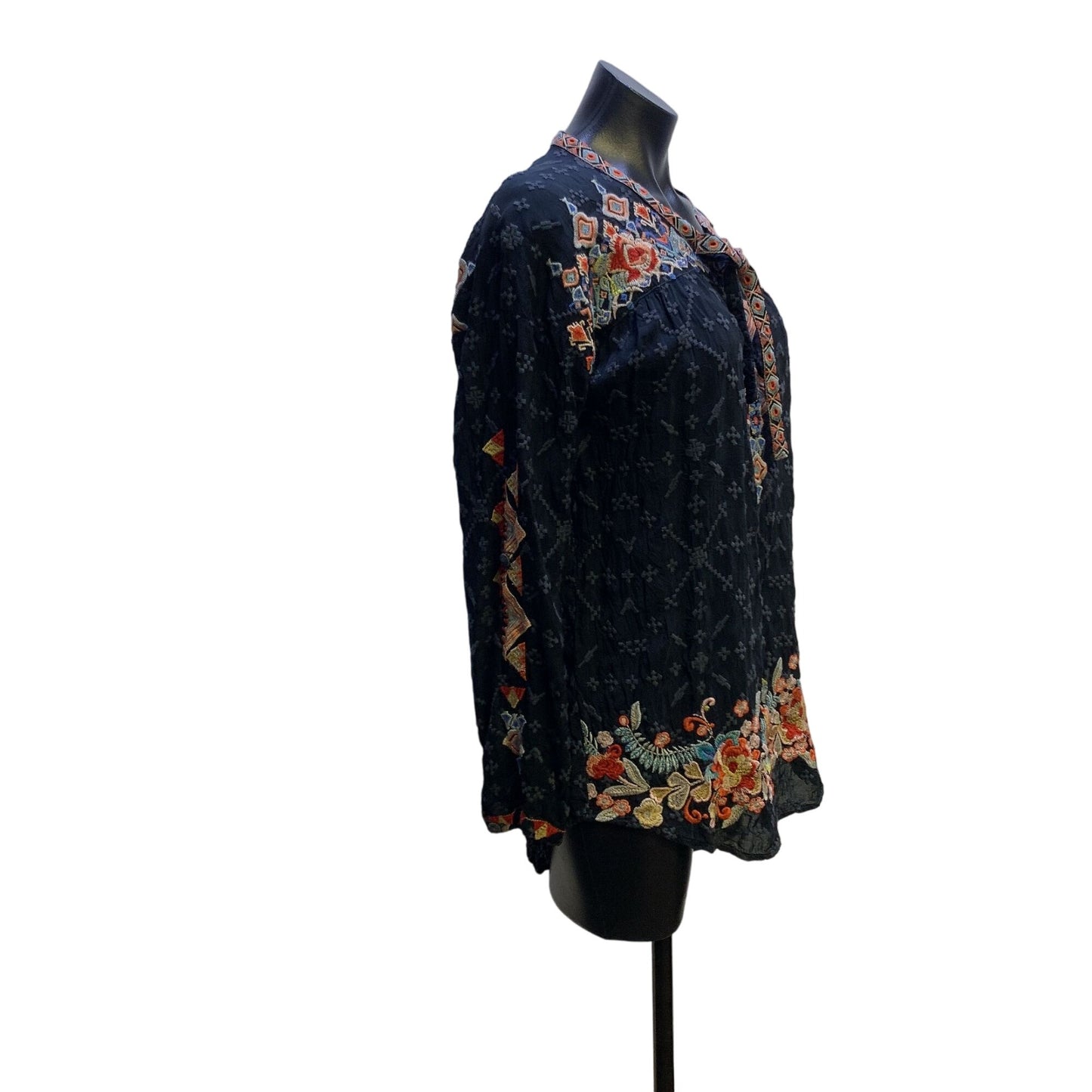 Johnny Was Black w/Multicolored Embroidery Tie Neck Tunic Blouse Size XS