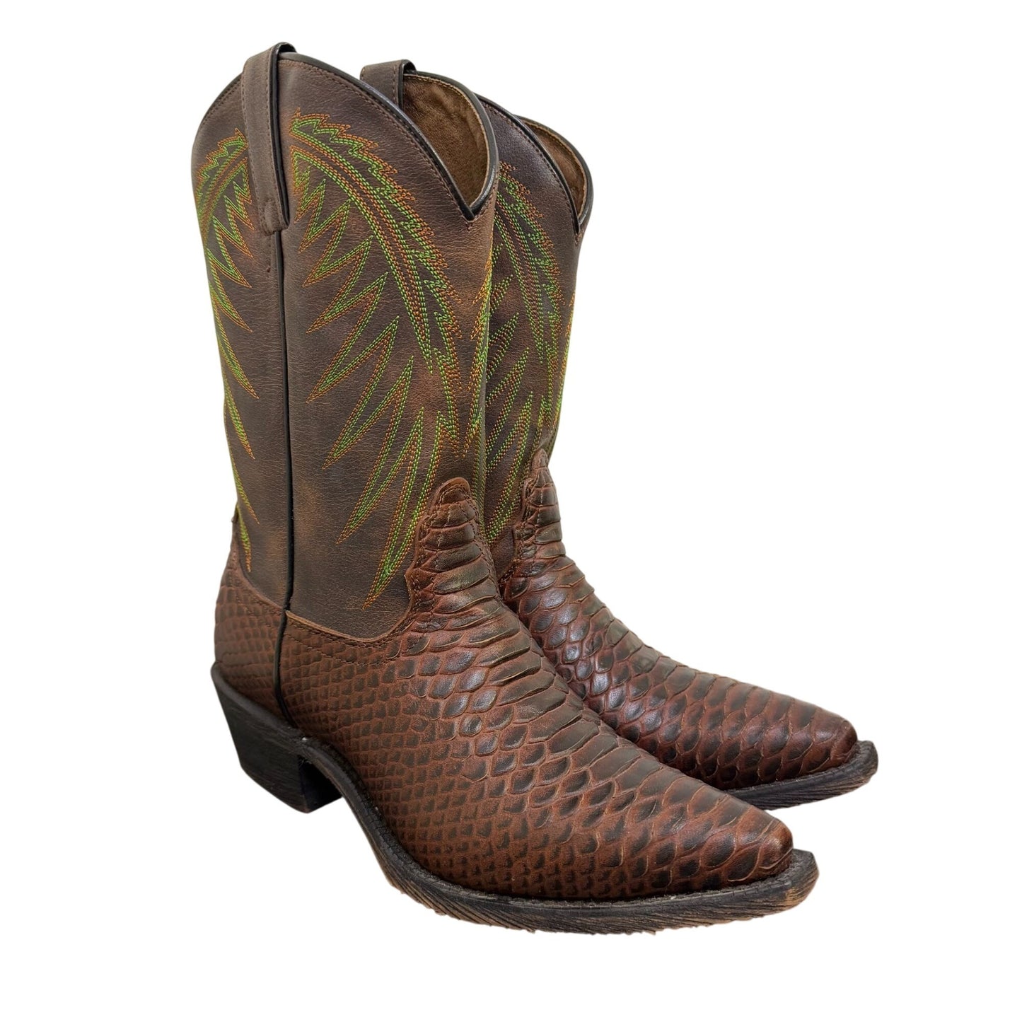 Nocona Brown & Green Western Boots Python Print Leather Size 8.5